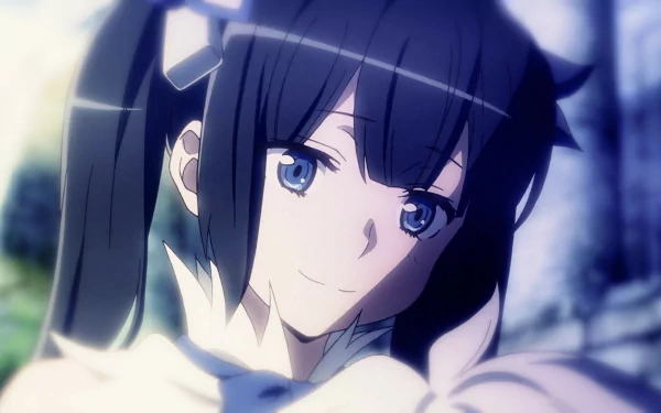 HD wallpaper featuring Hestia from Is It Wrong to Try to Pick Up Girls in a Dungeon, showcasing her blue hair and striking blue eyes in an enchanting anime style.