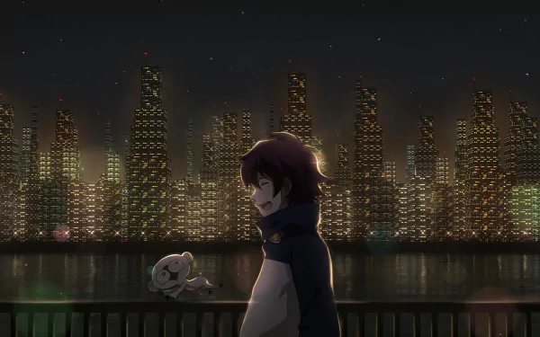 A captivating HD desktop wallpaper featuring Leonardo Watch from Blood Blockade Battlefront alongside Sonic Speed Monkey, set against a vibrant city skyline at night.