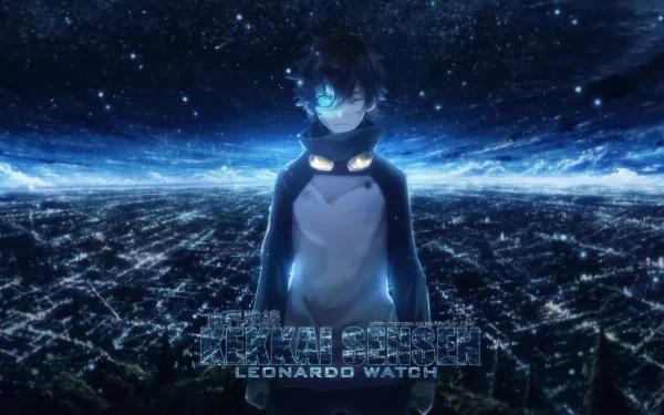 HD wallpaper featuring Leonardo Watch from the anime Blood Blockade Battlefront, set against a starry night backdrop over a vibrant cityscape.