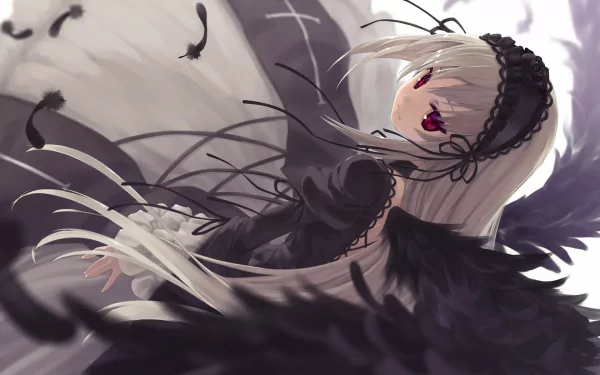 A high-definition wallpaper featuring Suigintou from Rozen Maiden, showcasing her long white hair and striking red eyes, surrounded by dark, flowing elements.