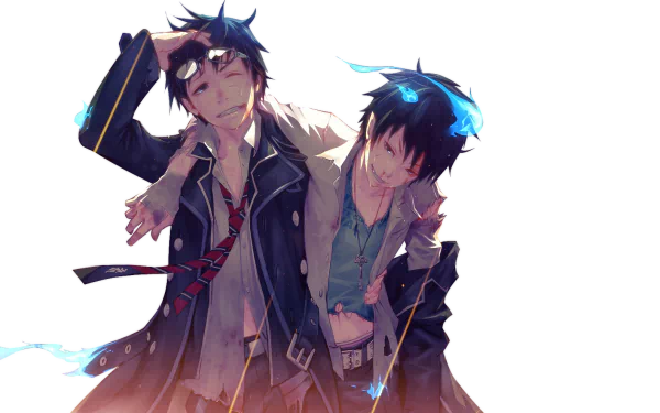 HD PC wallpaper of Rin and Yukio Okumura from Blue Exorcist: Rin with messy dark hair and a blue flame aura, Yukio leaning on him in school uniform.