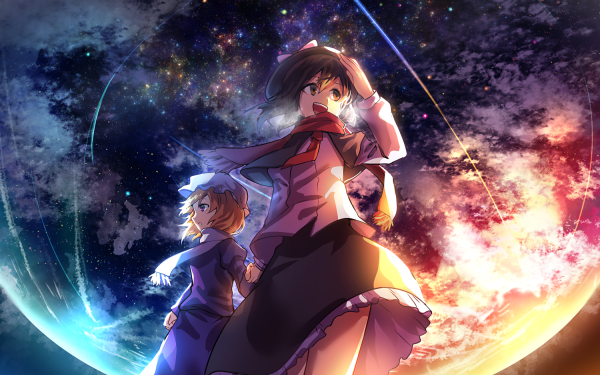 Anime Touhou Moon Renko Usami Brown Hair Scarf Skirt Purple Eyes Blonde Maribel Hearn HD Wallpaper | Background Image