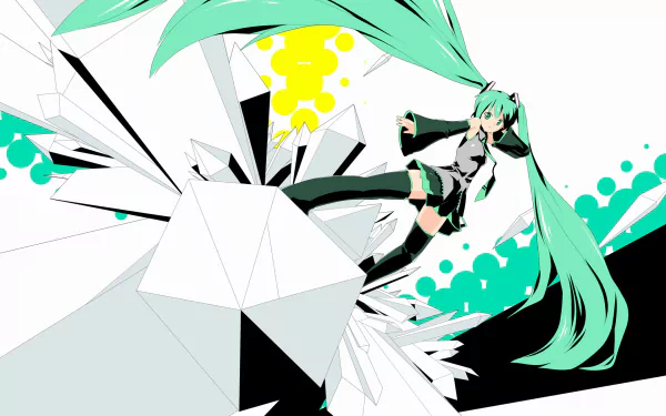 Anime character Hatsune Miku, with long green hair and blue eyes, poses on a crystal structure. The vibrant artwork showcases her energetic spirit against a bold backdrop.