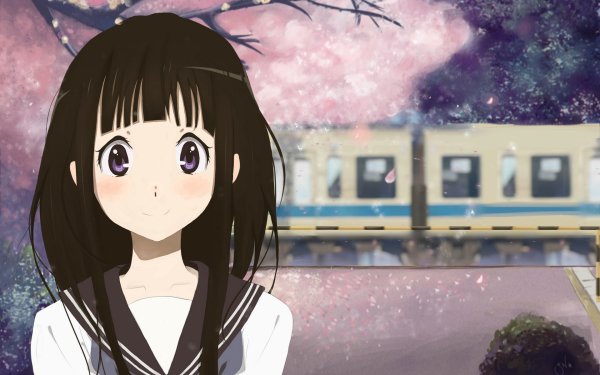 Anime Hyouka Eru Chitanda School Uniform Long Hair Black Hair Purple Eyes Sakura Blossom HD Wallpaper | Background Image