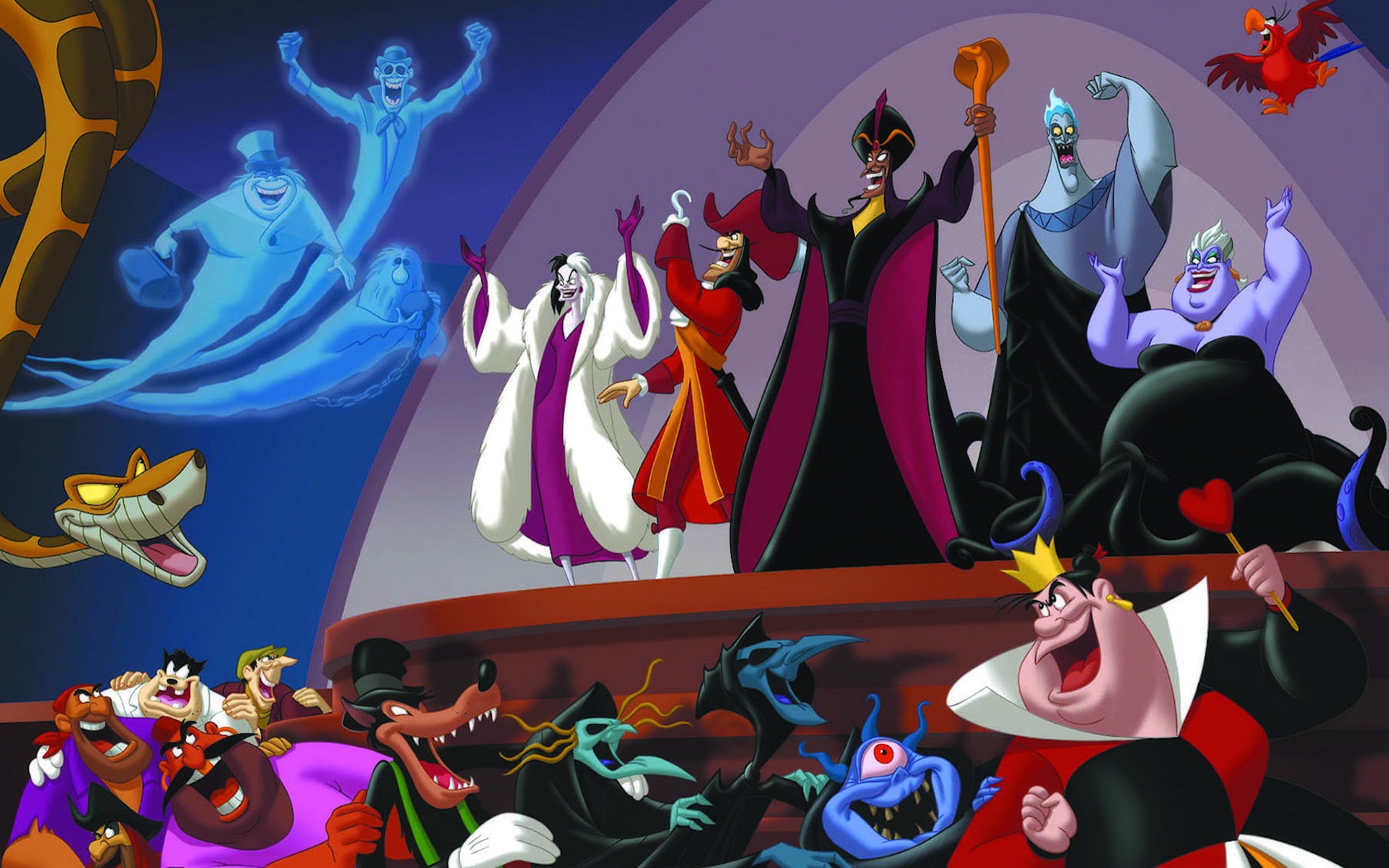 Disney villains collaged wallpaper with Jafar, Ursula, Captain Hook, ghost, Cruella De Vil, and Hades.