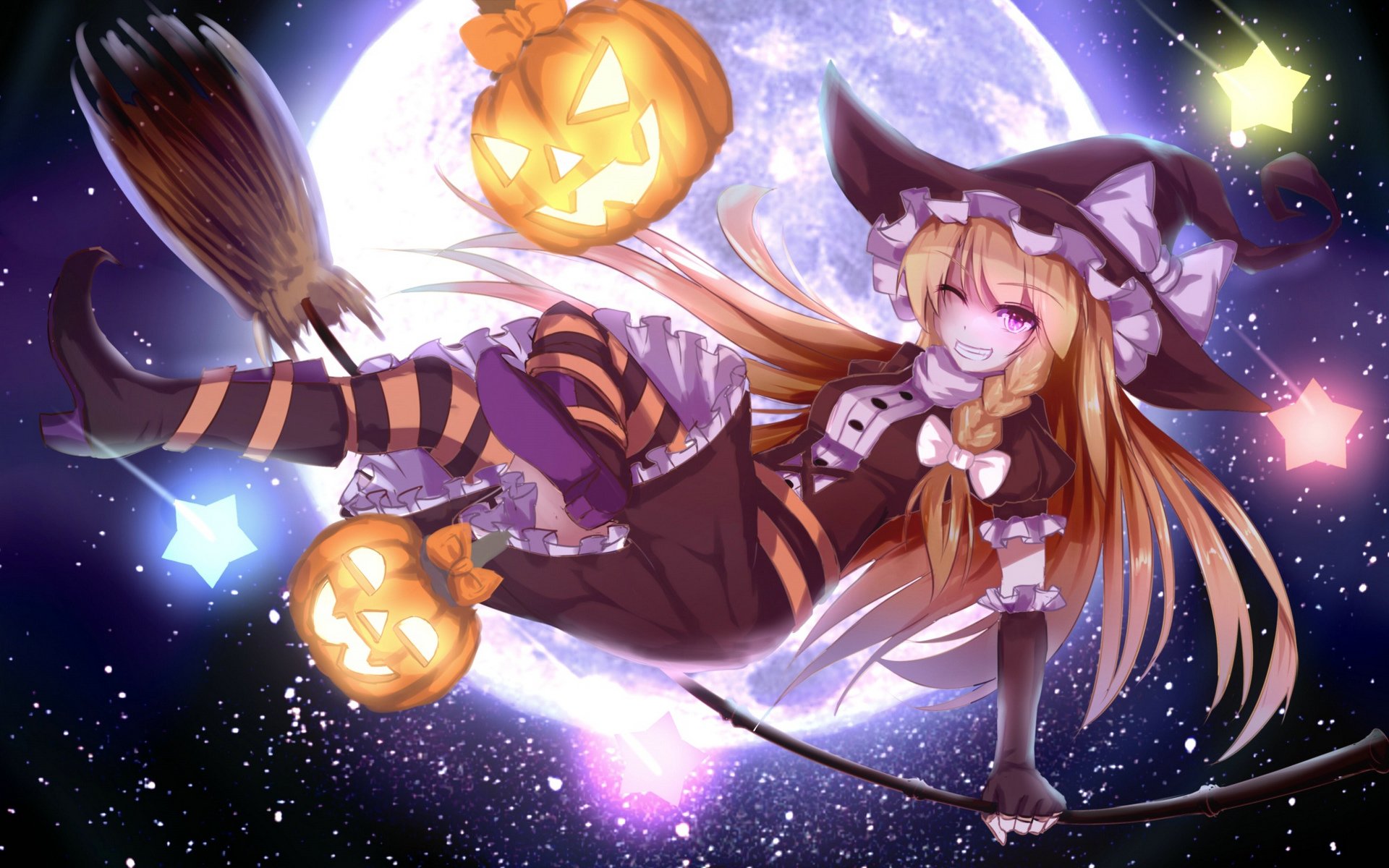 Download Blonde Star Pumpkin Fantasy Pink Eyes Long Hair Witch Hat Witch Marisa Kirisame Anime 0025