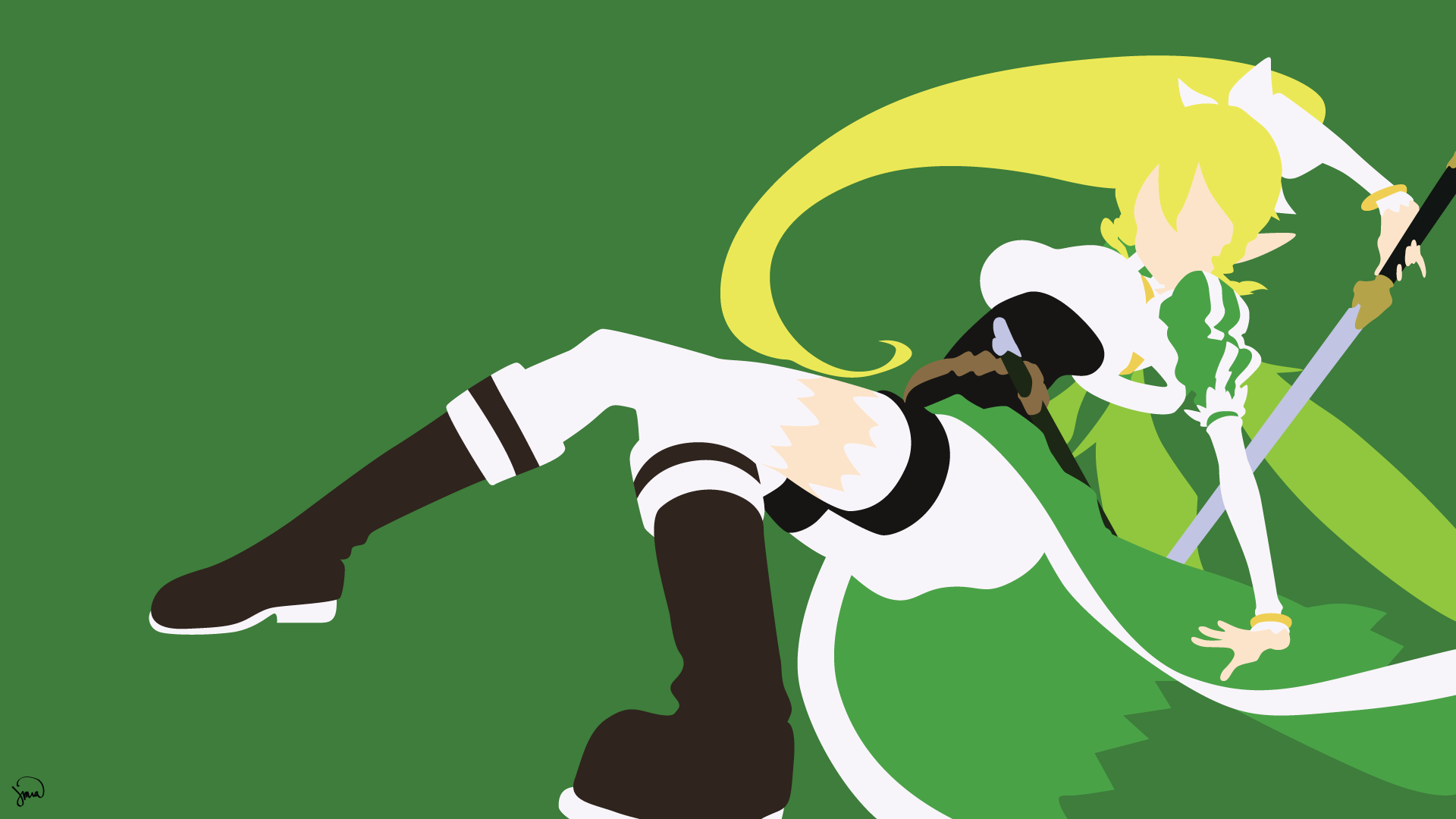 Minimalist HD PC desktop wallpaper of Leafa from Sword Art Online — anime character in a dynamic pose, long blonde hair and green outfit wielding a sword on a green background.