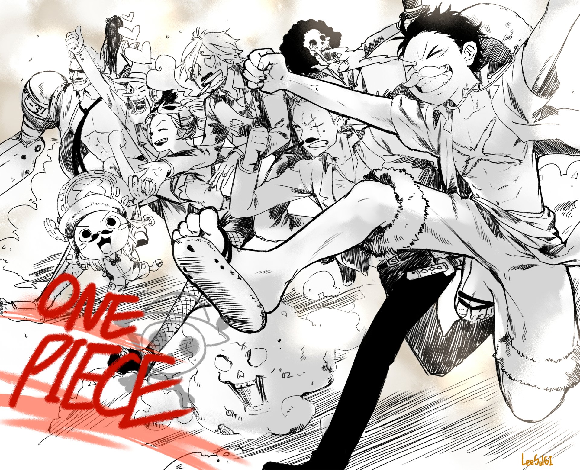 A dynamic HD wallpaper featuring iconic characters from *One Piece*, including Monkey D. Luffy, Nami, Zoro, and others, depicted in an energetic pirate scene.