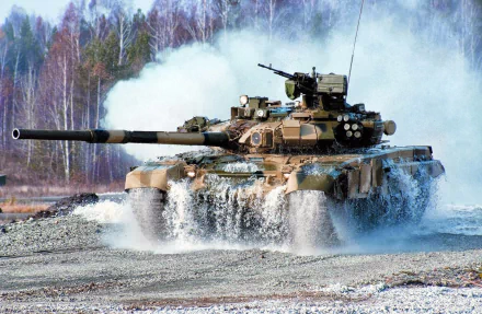 HD desktop wallpaper featuring a military T-90 tank driving through water with a forest backdrop and dust rising around it.