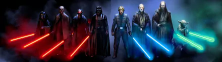 HD desktop wallpaper featuring key Star Wars characters including Count Dooku, Emperor Palpatine, Darth Maul, Darth Vader, Luke Skywalker, Obi-Wan Kenobi, Qui-Gon Jinn, and Yoda with lightsabers.