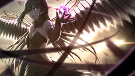 A striking image of Homura Akemi from Puella Magi Madoka Magica, featuring her long black hair, purple eyes, and black dress, with captivating wings and a magical orb, set against a moody background.