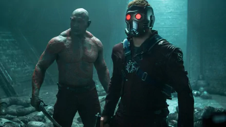 Star-Lord and Drax the Destroyer stand ready for action in this striking HD wallpaper from *Guardians of the Galaxy*, capturing their dynamic presence in a cinematic scene.