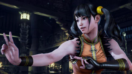 Ling Xiaoyu from Tekken 7 strikes a dynamic pose in this HD PC desktop wallpaper, capturing her vibrant energy and martial arts proficiency in a richly detailed background.