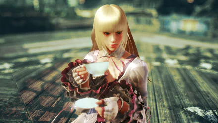 Lili Rochefort from Tekken 7 holds delicate teacups in this HD PC desktop wallpaper, showcasing her refined character and unique style in a vibrant, dynamic setting.