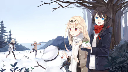 Two anime characters, Shigure and Yuudachi from Kantai Collection, enjoy a winter scene with a snowman amidst snowfall, featuring blonde and black hair, and vibrant red and blue eyes.