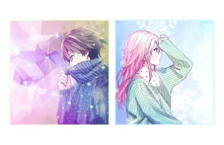 HD desktop wallpaper featuring Shu Ouma and Inori Yuzuriha from the anime Guilty Crown, against a geometric and pastel background.