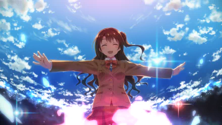 Uzuki Shimamura smiles brightly in her school uniform, surrounded by a vibrant sky, conveying joy and energy in this 4K Ultra HD wallpaper from iDOLM@STER Cinderella Girls.