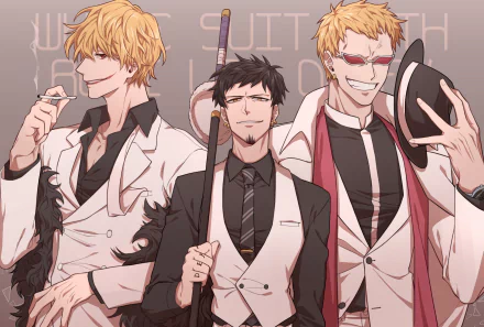 Anime HD desktop wallpaper featuring One Piece characters Donquixote Rosinante (Corazon), Trafalgar Law, and Donquixote Doflamingo. The trio is posed with a cigarette, katana, and hat, in stylish attire.