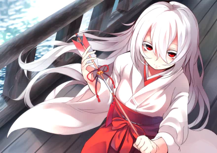 A character with long white hair dressed in traditional Japanese clothing holds an arrow, set against a serene background, creating a captivating anime-inspired HD wallpaper.