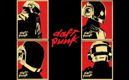 A vibrant HD desktop wallpaper featuring iconic Daft Punk imagery, showcasing their distinct helmets and artistic style against a bold red background.