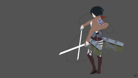 HD PC desktop wallpaper featuring Mikasa Ackerman from the anime Attack on Titan, depicted with her swords and maneuvering gear on a plain gray background.