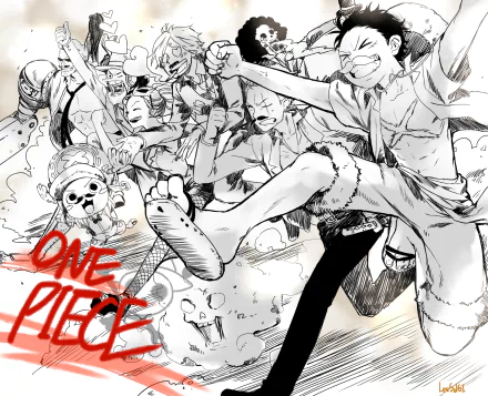 A dynamic HD wallpaper featuring iconic characters from *One Piece*, including Monkey D. Luffy, Nami, Zoro, and others, depicted in an energetic pirate scene.