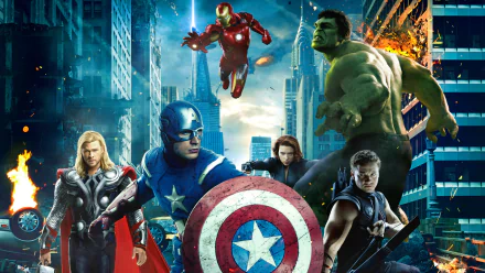 A dynamic HD wallpaper featuring Avengers characters: Thor, Black Widow, Captain America, Hawkeye, Iron Man, and Hulk, set against a cityscape backdrop filled with action.