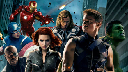 A dynamic HD wallpaper featuring Avengers characters: Iron Man, Thor, Black Widow, Captain America, Hawkeye, and Hulk, showcasing their iconic teamwork and heroism.
