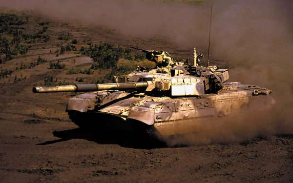 HD desktop wallpaper featuring a military T-84 tank maneuvering on dusty terrain, showcasing its armored power and rugged design.