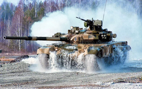 HD desktop wallpaper featuring a military T-90 tank driving through water with a forest backdrop and dust rising around it.