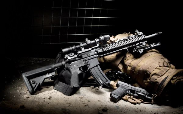 HD PC desktop wallpaper background depicting a man-made tactical rifle and pistol resting on loaded gear in a low-lit, gritty setting.