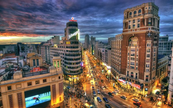 Man Made Madrid City Spain Night Evening Road Car Building People HD Wallpaper | Background Image