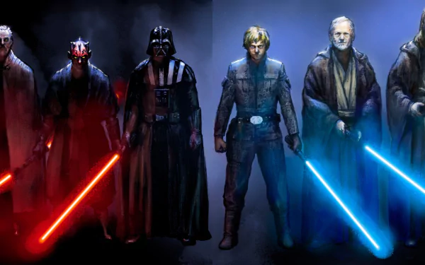 HD desktop wallpaper featuring key Star Wars characters including Count Dooku, Emperor Palpatine, Darth Maul, Darth Vader, Luke Skywalker, Obi-Wan Kenobi, Qui-Gon Jinn, and Yoda with lightsabers.