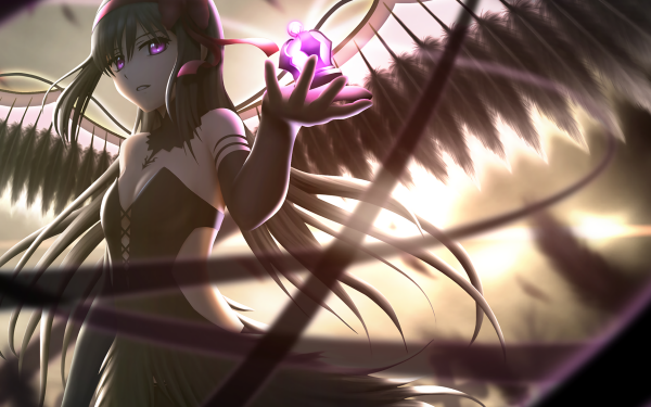 Anime Puella Magi Madoka Magica Homura Akemi Wings Glove Dress Black Dress Purple Eyes Black Hair Long Hair Headband HD Wallpaper | Background Image