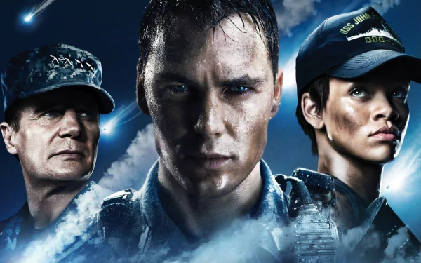 A dramatic HD wallpaper featuring Taylor Kitsch, Liam Neeson, and Rihanna from the movie Battleship, showcasing their intense expressions and a backdrop of chaos.