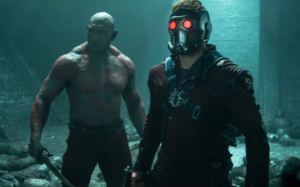 Star-Lord and Drax the Destroyer stand ready for action in this striking HD wallpaper from *Guardians of the Galaxy*, capturing their dynamic presence in a cinematic scene.