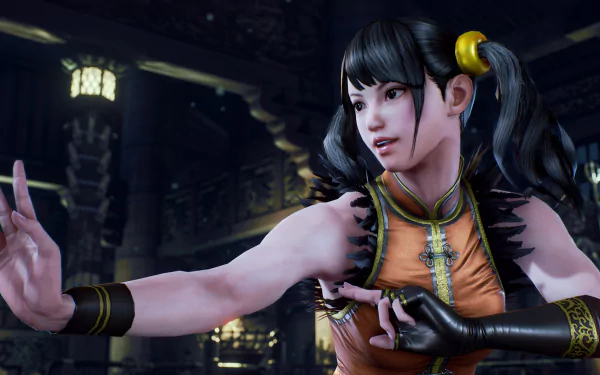 Ling Xiaoyu from Tekken 7 strikes a dynamic pose in this HD PC desktop wallpaper, capturing her vibrant energy and martial arts proficiency in a richly detailed background.