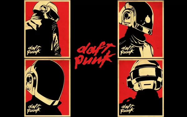 A vibrant HD desktop wallpaper featuring iconic Daft Punk imagery, showcasing their distinct helmets and artistic style against a bold red background.
