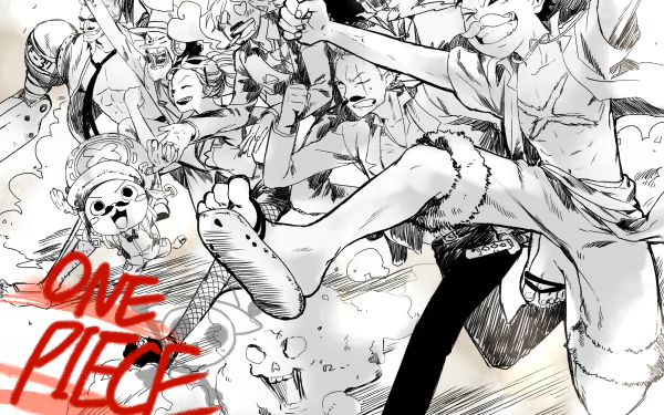 A dynamic HD wallpaper featuring iconic characters from *One Piece*, including Monkey D. Luffy, Nami, Zoro, and others, depicted in an energetic pirate scene.