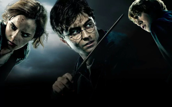 A high-definition wallpaper featuring Harry Potter, Hermione Granger, and Ron Weasley from Harry Potter and the Deathly Hallows: Part 1. The characters are poised in a dramatic scene.