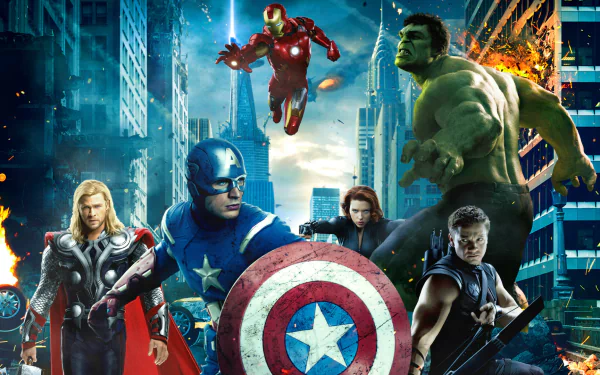 A dynamic HD wallpaper featuring Avengers characters: Thor, Black Widow, Captain America, Hawkeye, Iron Man, and Hulk, set against a cityscape backdrop filled with action.