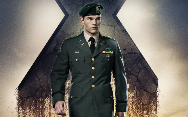 HD PC desktop wallpaper: William Stryker from X‑Men: Days of Future Past — a stern army officer in green uniform standing before a towering X emblem.