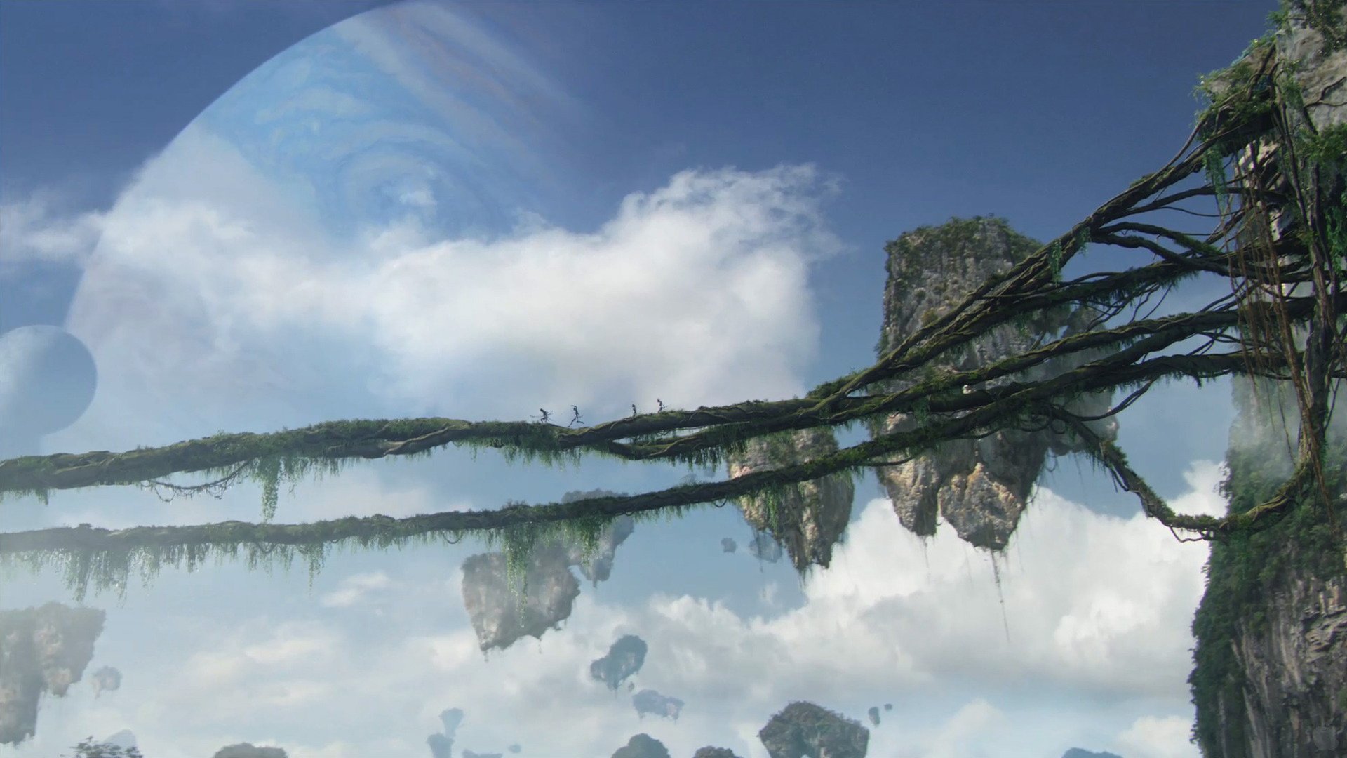 HD PC desktop wallpaper from the movie Avatar: panoramic floating mountains, misty skies and hanging vines forming a cinematic, otherworldly landscape.
