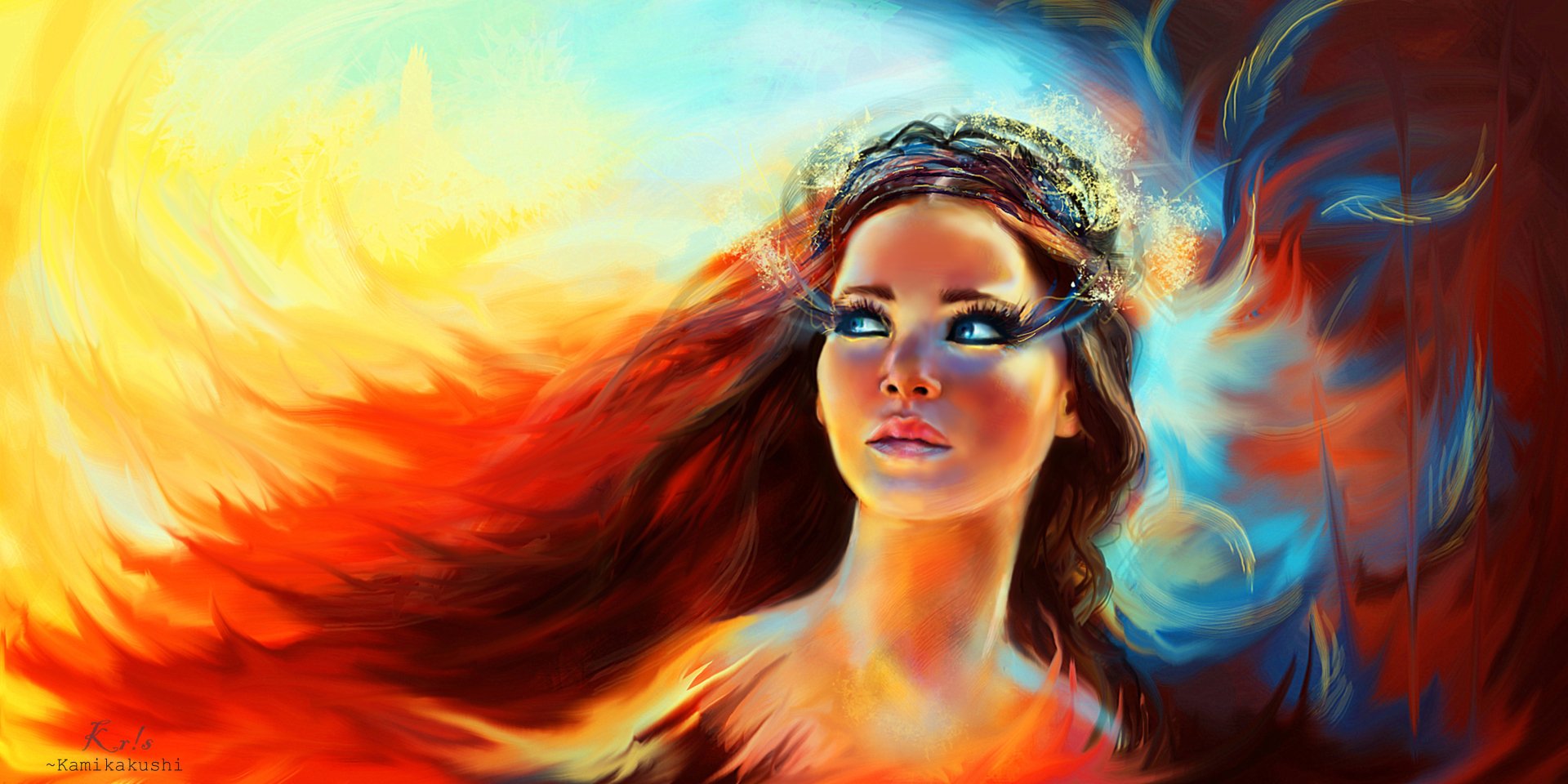 A vibrant, colorful fantasy image of a woman with flowing hair, set against a stunning backdrop of fiery reds and serene blues, serves as a captivating HD desktop wallpaper.