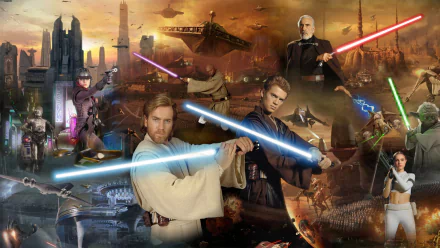 A dynamic HD wallpaper featuring iconic characters from Star Wars Episode II: Attack of the Clones, showcasing intense lightsaber battles and a vivid sci-fi backdrop.