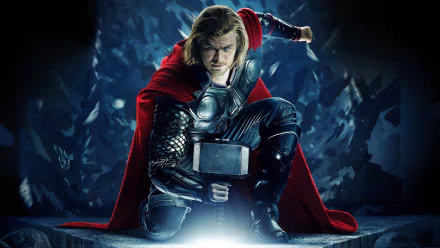 HD desktop wallpaper featuring Chris Hemsworth as Thor in a kneeling pose with Mjolnir, set against a dramatic background.
