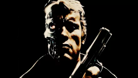 A striking HD desktop wallpaper featuring a character from The Terminator, showcasing a half-human, half-cybernetic face with a gun, set against a dark background.