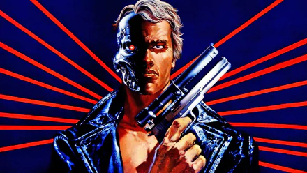 A striking HD desktop wallpaper featuring a character from The Terminator, showcasing a synthetic humanoid with a gun and dramatic red rays in the background.