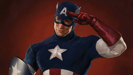 HD PC desktop wallpaper featuring Captain America from the movie Captain America: The First Avenger, saluting with his iconic suit and shield against a dark red background.