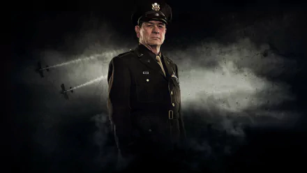 HD PC desktop wallpaper: stern WWII U.S. army officer from Captain America: The First Avenger, standing in uniform amid smoke with WWII planes cutting through the sky.